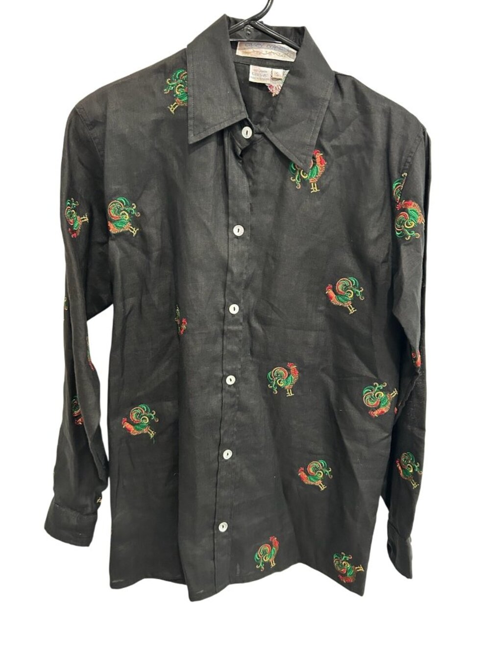 Vintage Casey Coleman Rooster Embroidery Linen Shirt Black Multi Sz Small Retro